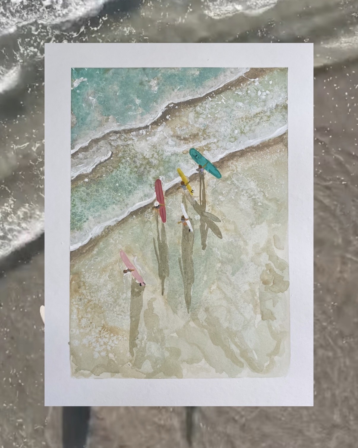 Watercolor of surfers walking down the sand with colorful boards