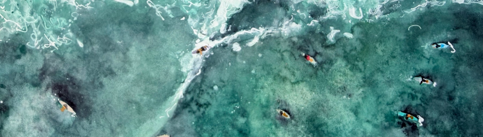 Aerial coastal watercolor of surfers paddling out across a turquoise reef break by Lynn Moschella